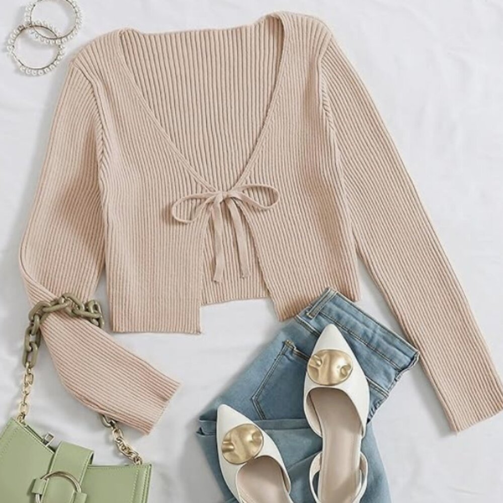 Women's Tie Front Long-Sleeve Rib Knit Crop Top Cardigan